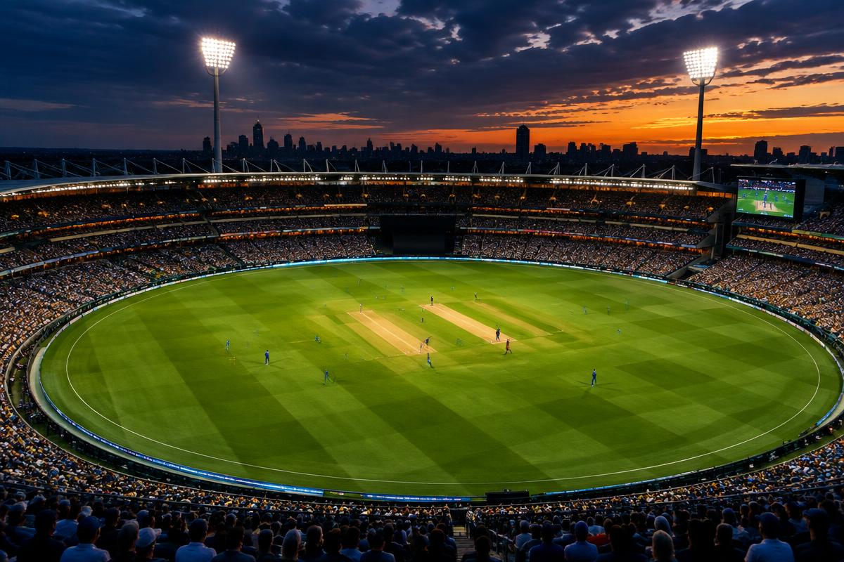 Cricket match in a floodlit stadium at dusk